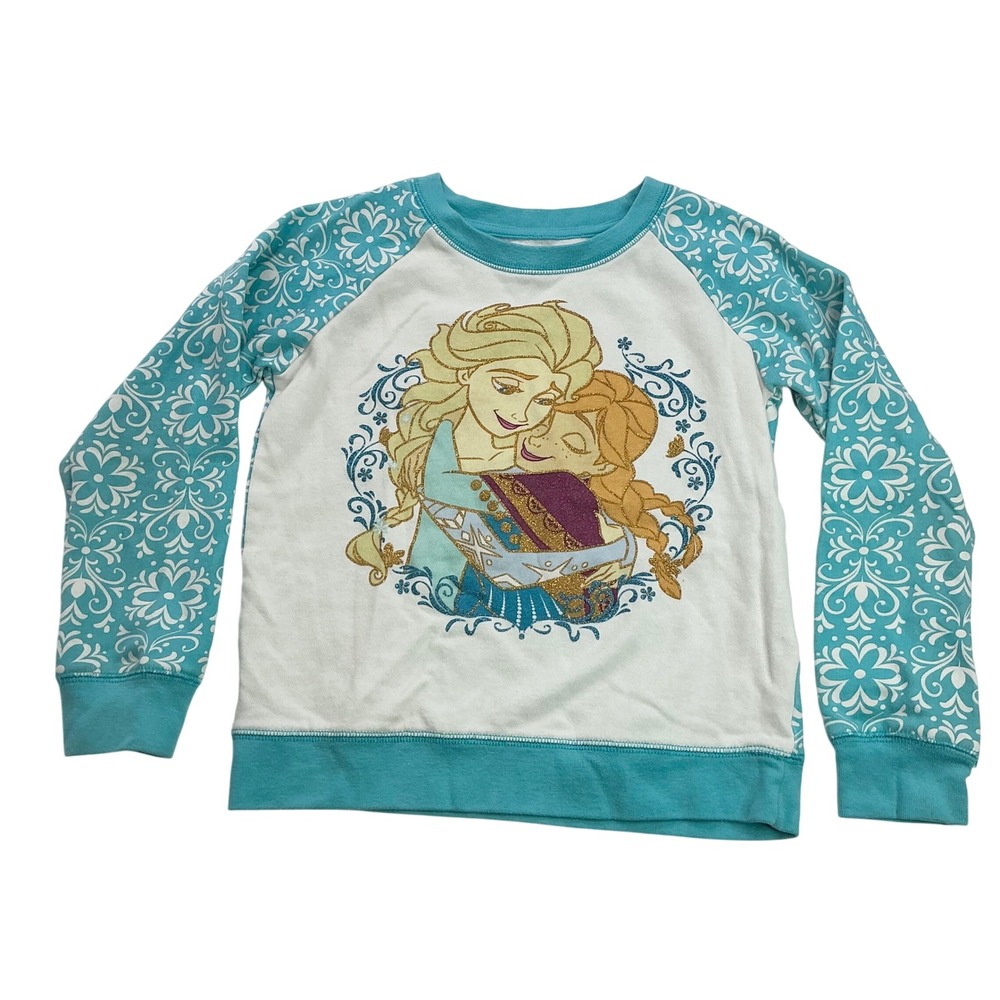 Disney Frozen Teal White Sweatshirt Kids XL/6X Elsa Anna Glitter Raglan Sleeves